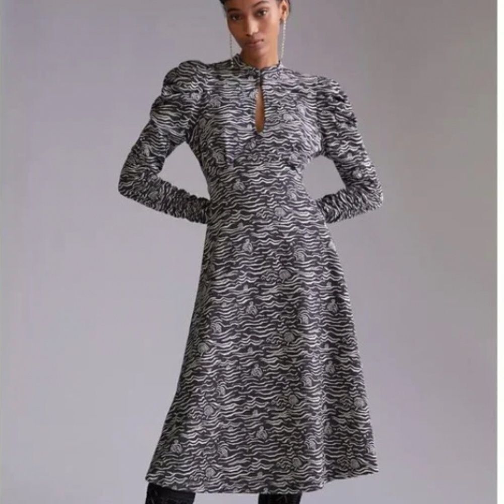 Anthropologie Puff-Sleeved Jacquard Midi Dress Size XL
